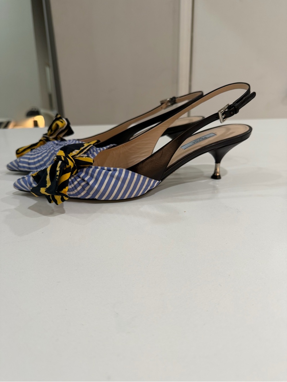 Prada Blue and White Striped Slingback Bow Mules - Picture 2 of 4
